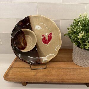 Old Julian Connie Black Red Rooster Chip and Dip Pottery Plate‎